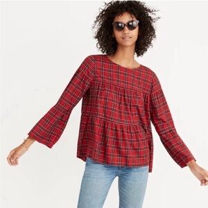 Madewell Red Tartan Plaid Tiered Button Down Back Boho Prairie Tiered Top